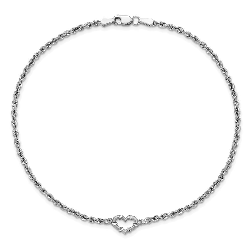10k White Gold Diamond-cut Rope with Heart Anklet