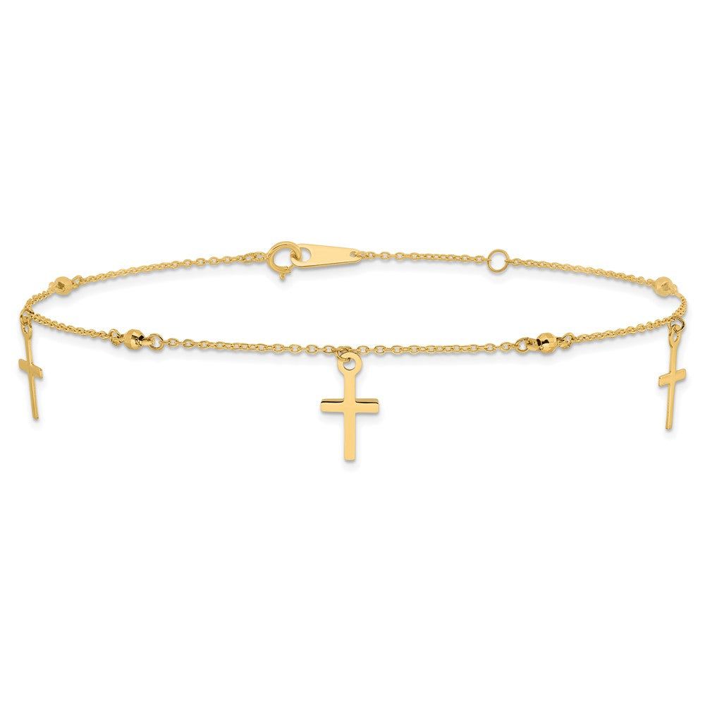 10k Polished and Textured Cross 9in Plus 1in ext. Anklet