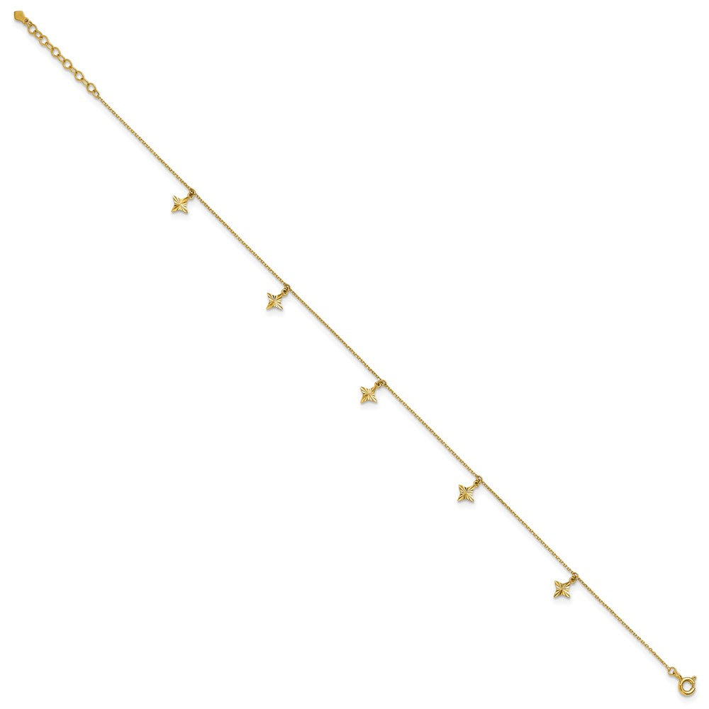 10k Polished Diamond-cut Stars Dangle Stations 9 Plus 1in ext. Anklet