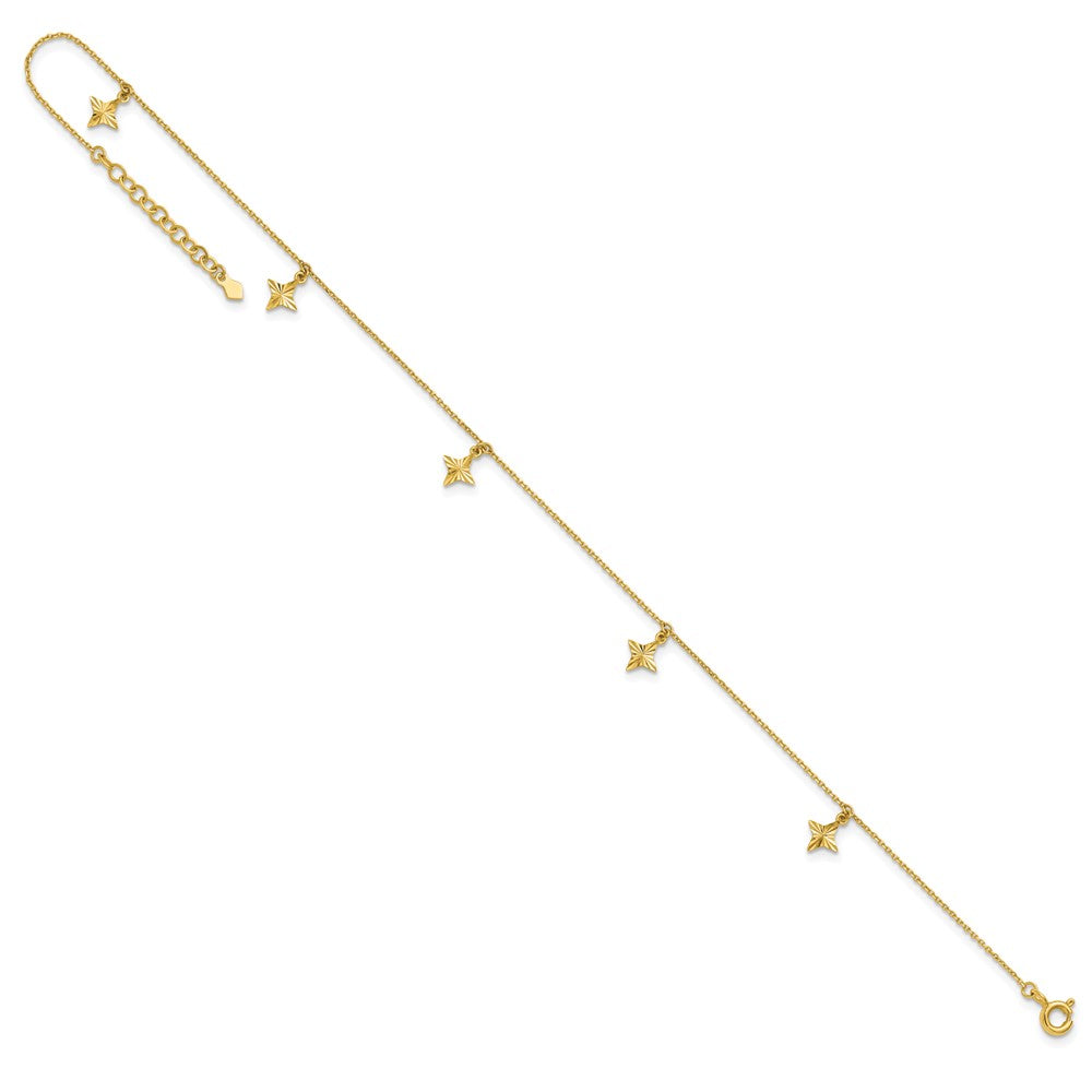 10k Polished Diamond-cut Stars Dangle Stations 9 Plus 1in ext. Anklet