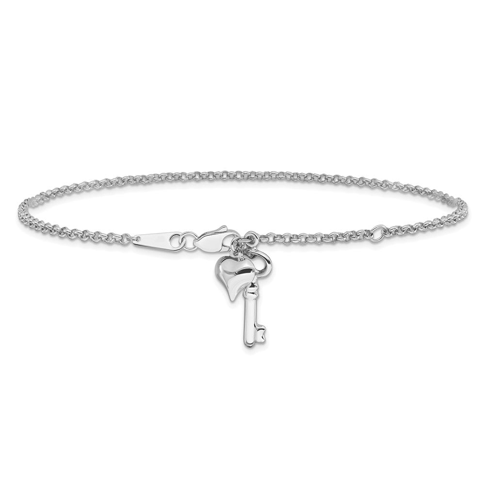 10k White Gold Adj Polished Puffed Heart Key 9in Plus 1in ext. Anklet