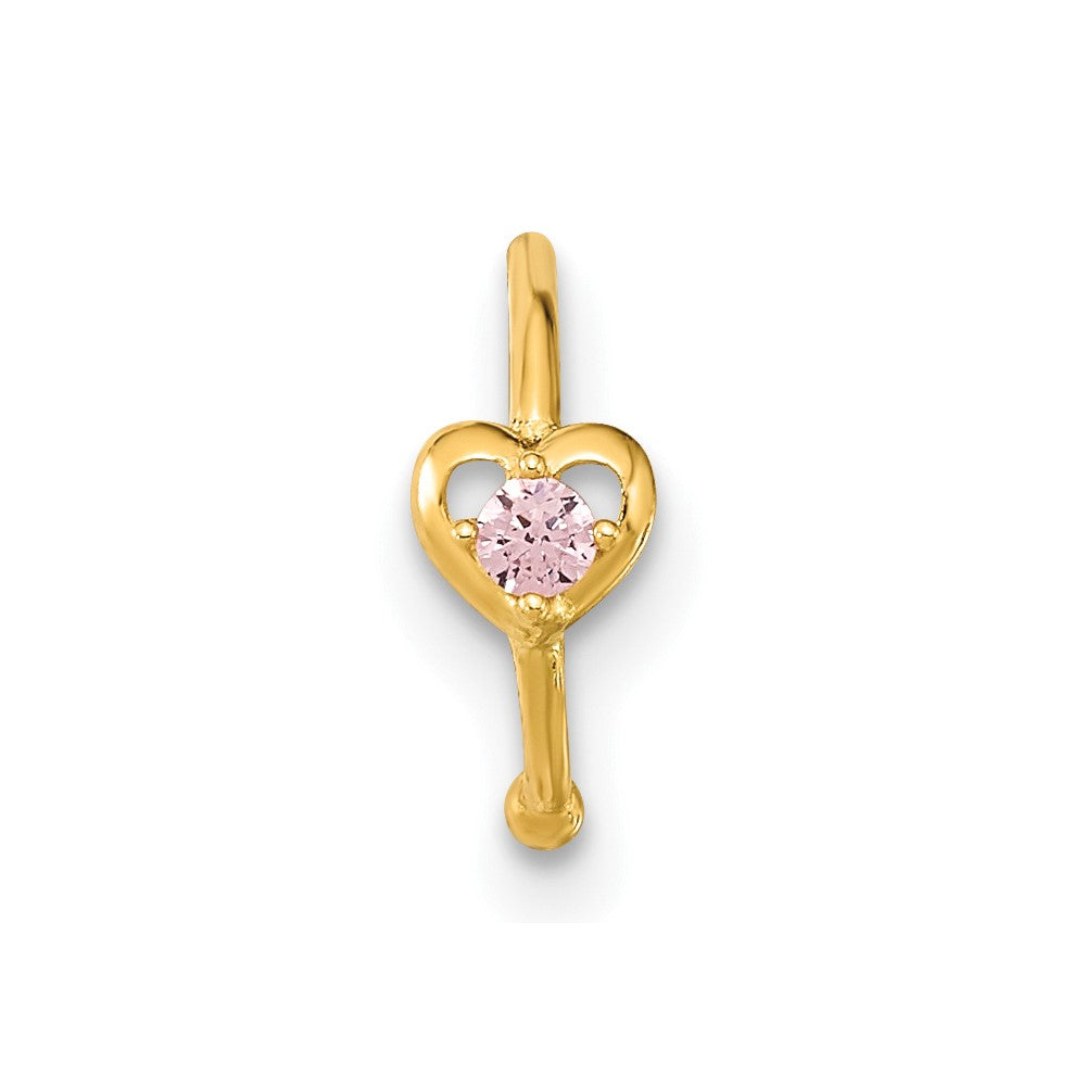 10K 20 Gauge Hoop with Heart CZ Nose Ring Body Jewelry