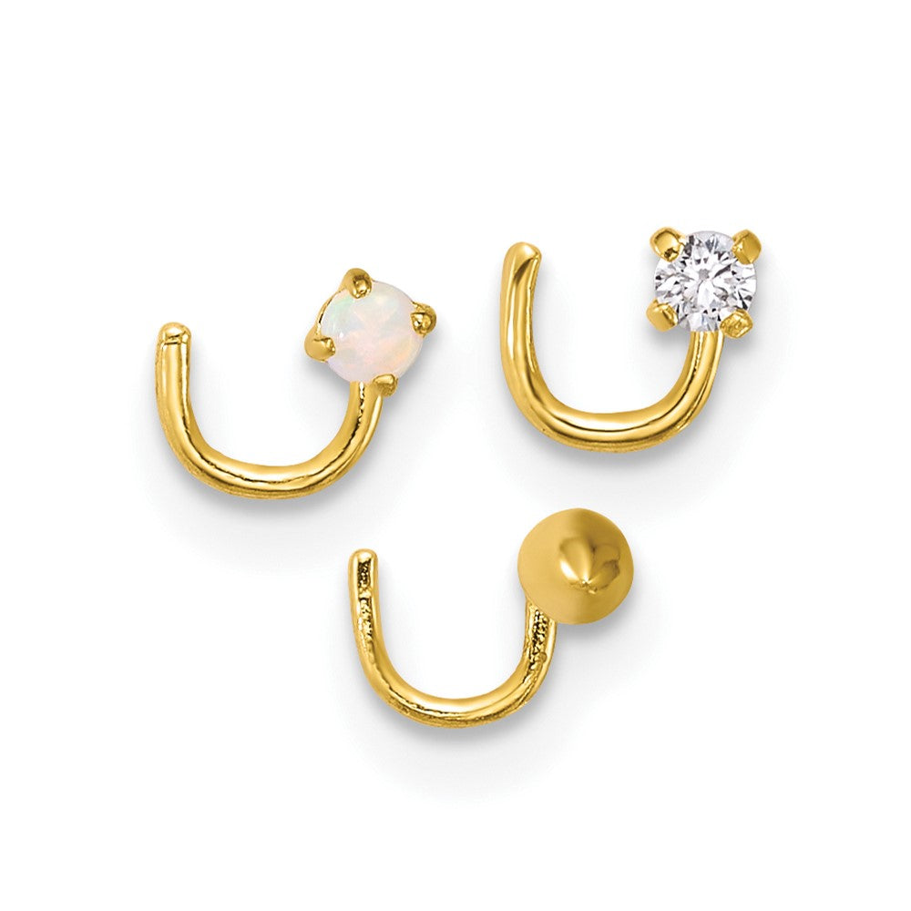 10k 22 Gauge CZ/Lab Created Opal/Spike Set of 3 Nose Studs