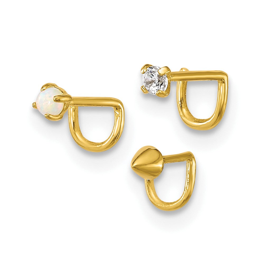 10k 22 Gauge CZ/Lab Created Opal/Spike Set of 3 Nose Studs