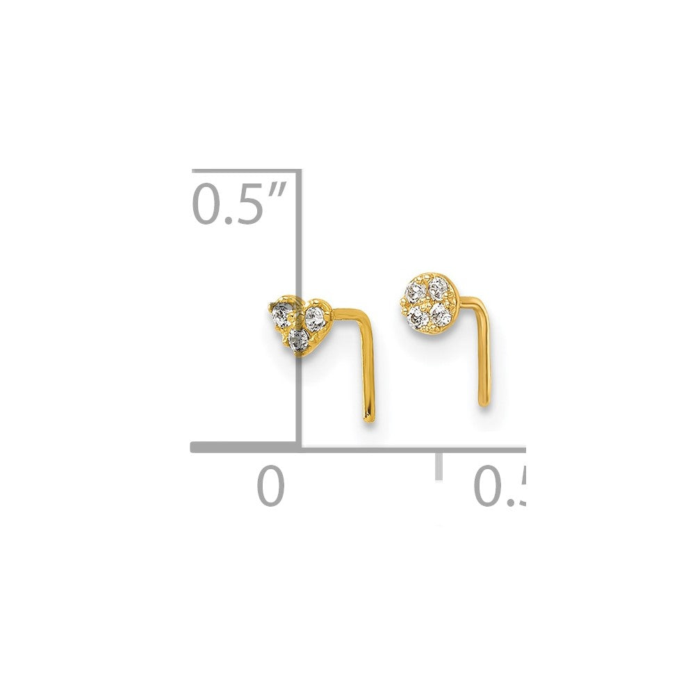 10k Polished 23 Gauge Set of 2 CZ Heart & Circle Nose Studs
