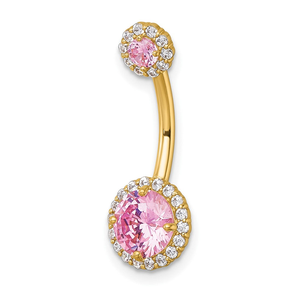 10k Polished 14 Gauge Pink & White CZ Halo Navel Ring