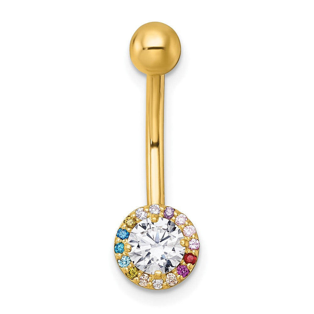 10k Polished 14 Gauge Rainbow & White CZ Halo Navel Ring