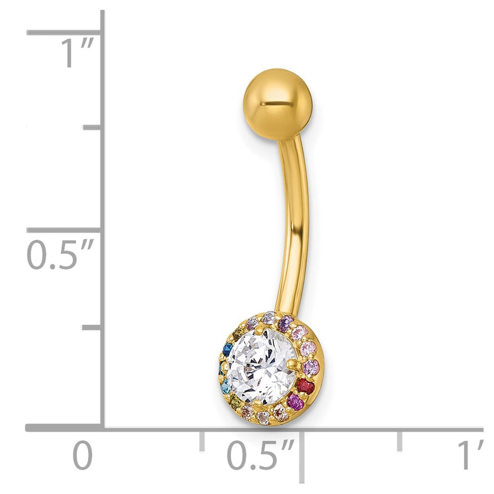 10k Polished 14 Gauge Rainbow & White CZ Halo Navel Ring