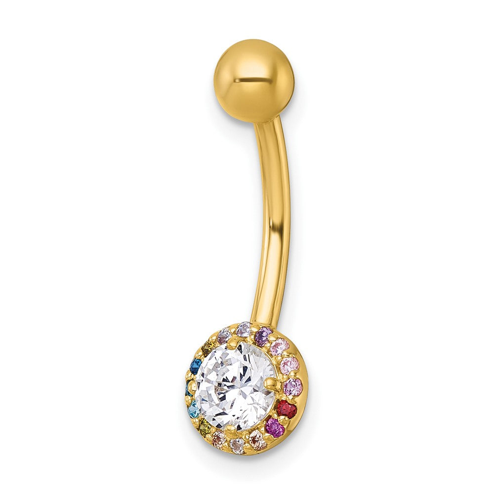 10k Polished 14 Gauge Rainbow & White CZ Halo Navel Ring