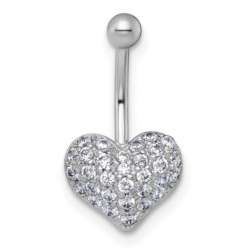 10k White Gold Polished 16 Gauge Pave CZ Heart Navel Ring