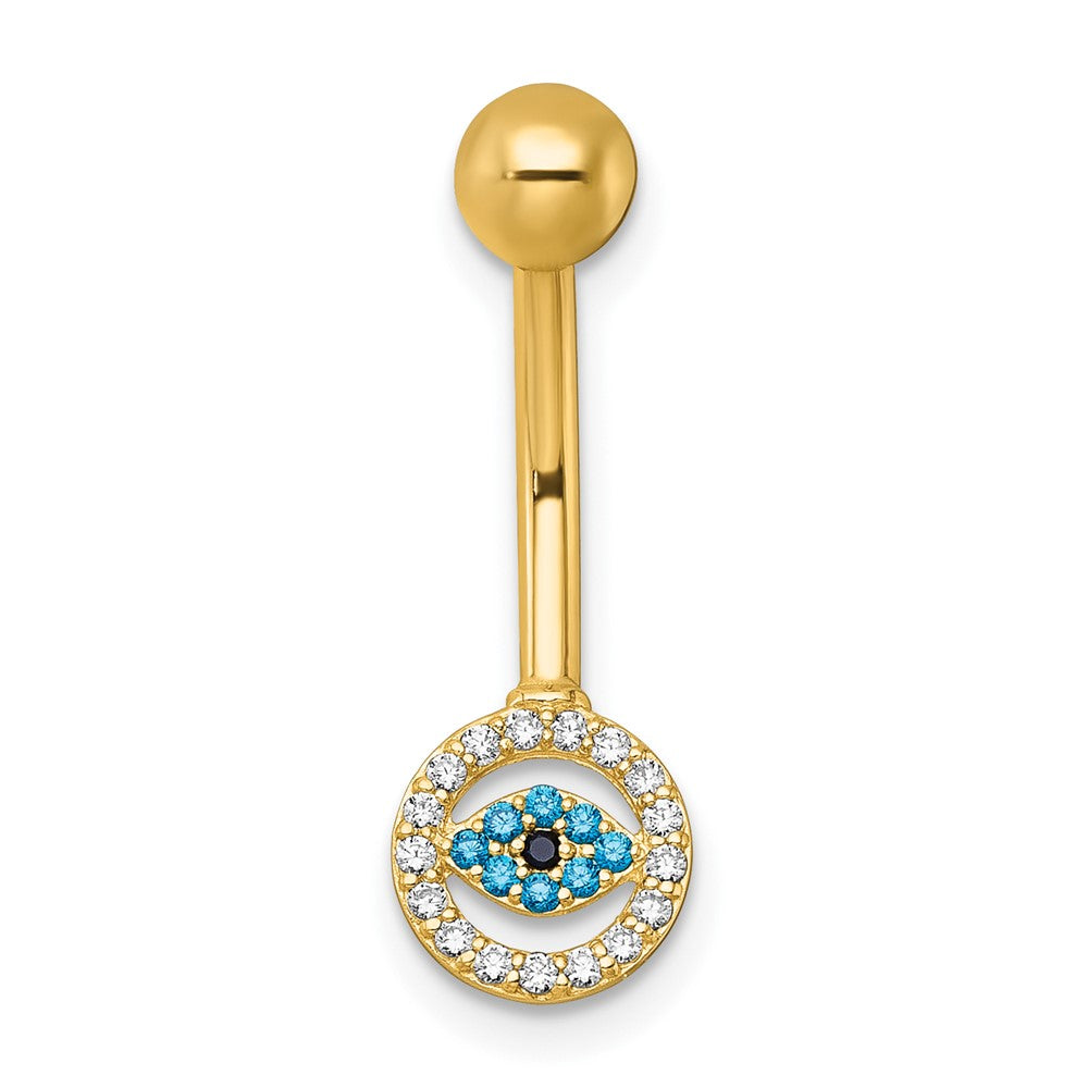 10k Polished 14 Gauge Multicolor CZ Evil Eye Navel Ring