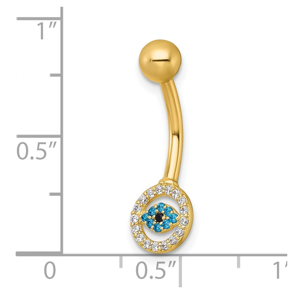 10k Polished 14 Gauge Multicolor CZ Evil Eye Navel Ring