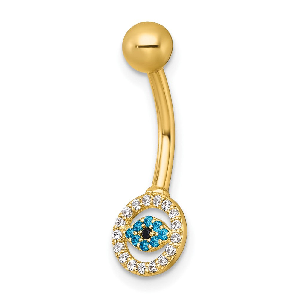 10k Polished 14 Gauge Multicolor CZ Evil Eye Navel Ring