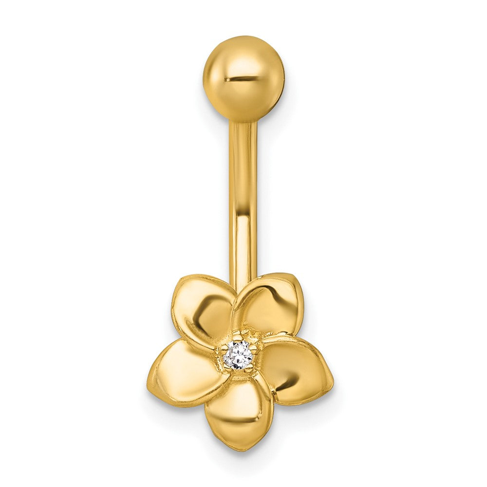 10k Polished 14 Gauge CZ Plumeria Navel Ring