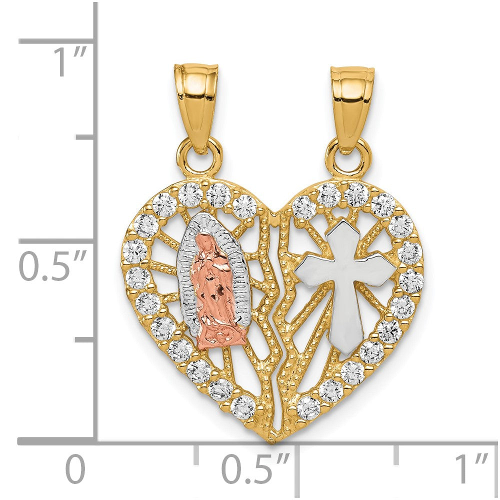 10k Two-tone w/ White Rhodium CZ Religious Break-apart Heart Pendant