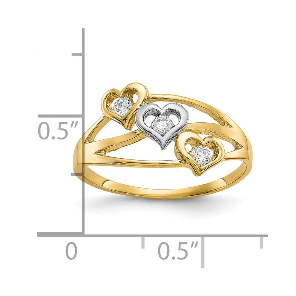 10K w/Rhodium Triple Heart 3 Stone CZ Ring