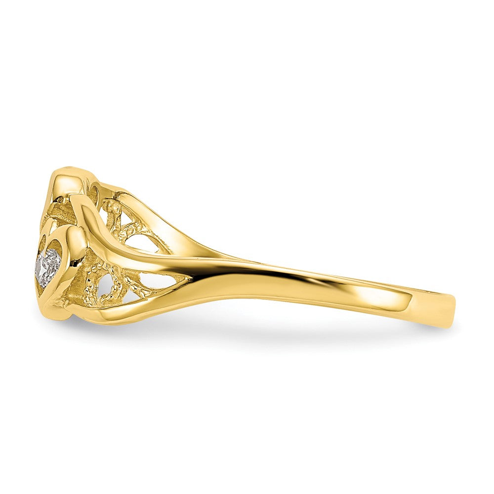 10K w/Rhodium Double Heart CZ Ring