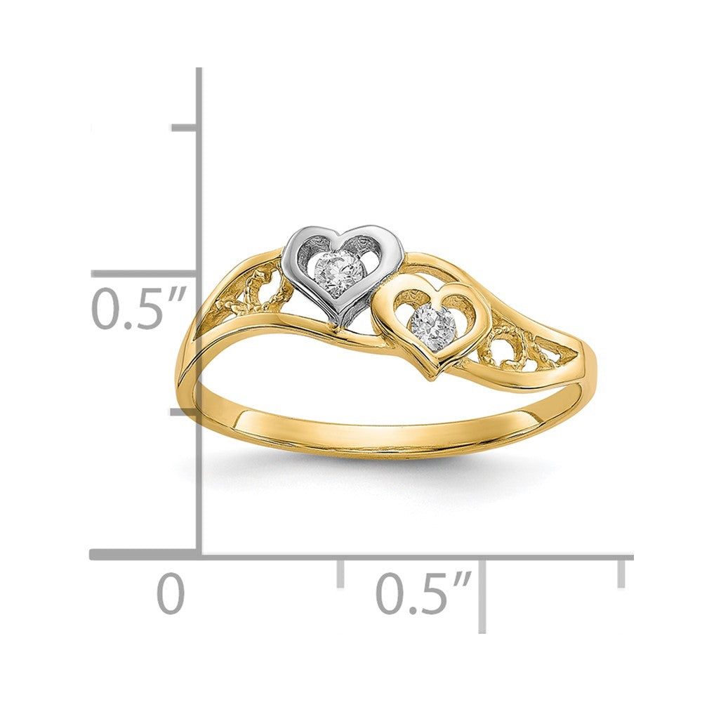 10K w/Rhodium Double Heart CZ Ring