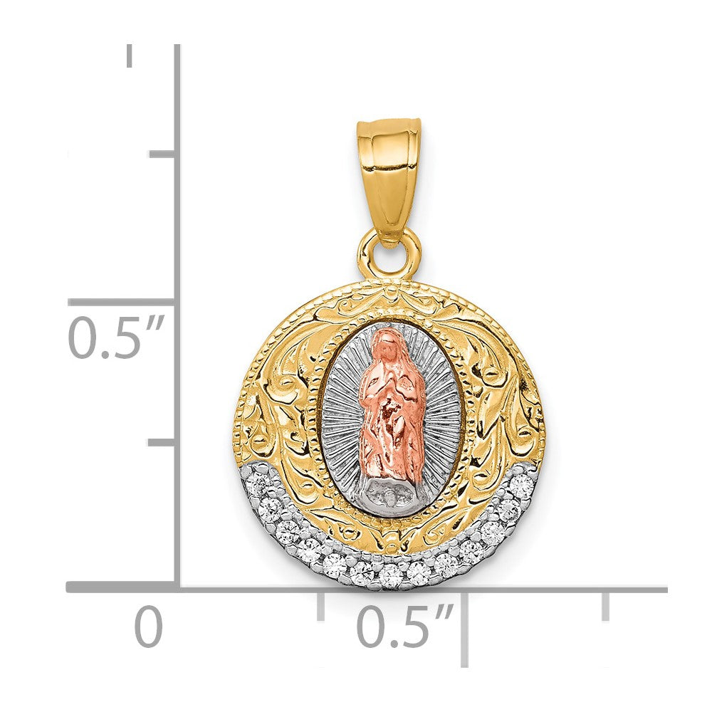 10K Two-Tone w/ Rhodium CZ Lady Of Guadalupe Round Pendant