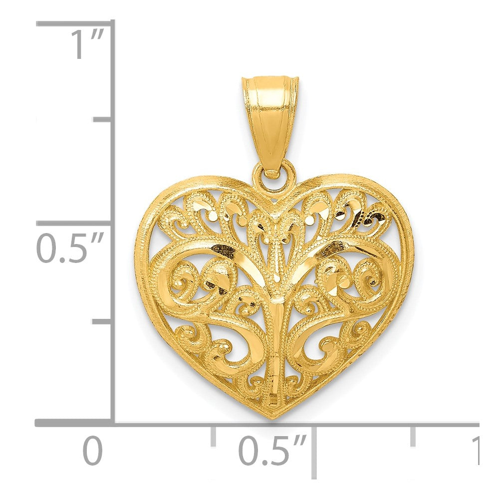 10K Diamond-cut Filigree Heart Charm