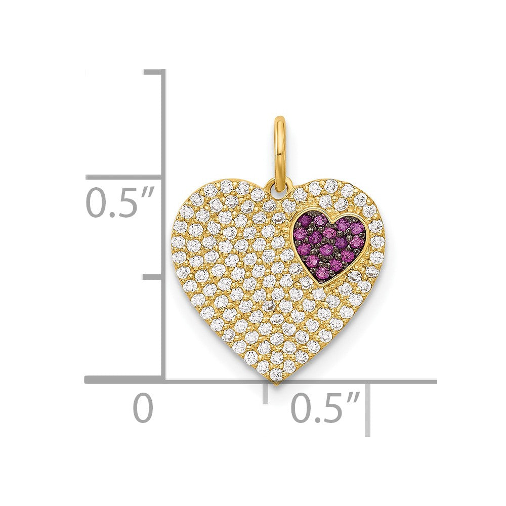 10K Polished Clear & Red CZ Heart Charm