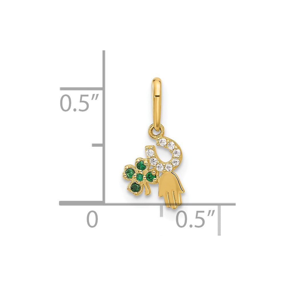 10K Polished Clover Horseshoe Hamsa CZ Luck Pendant