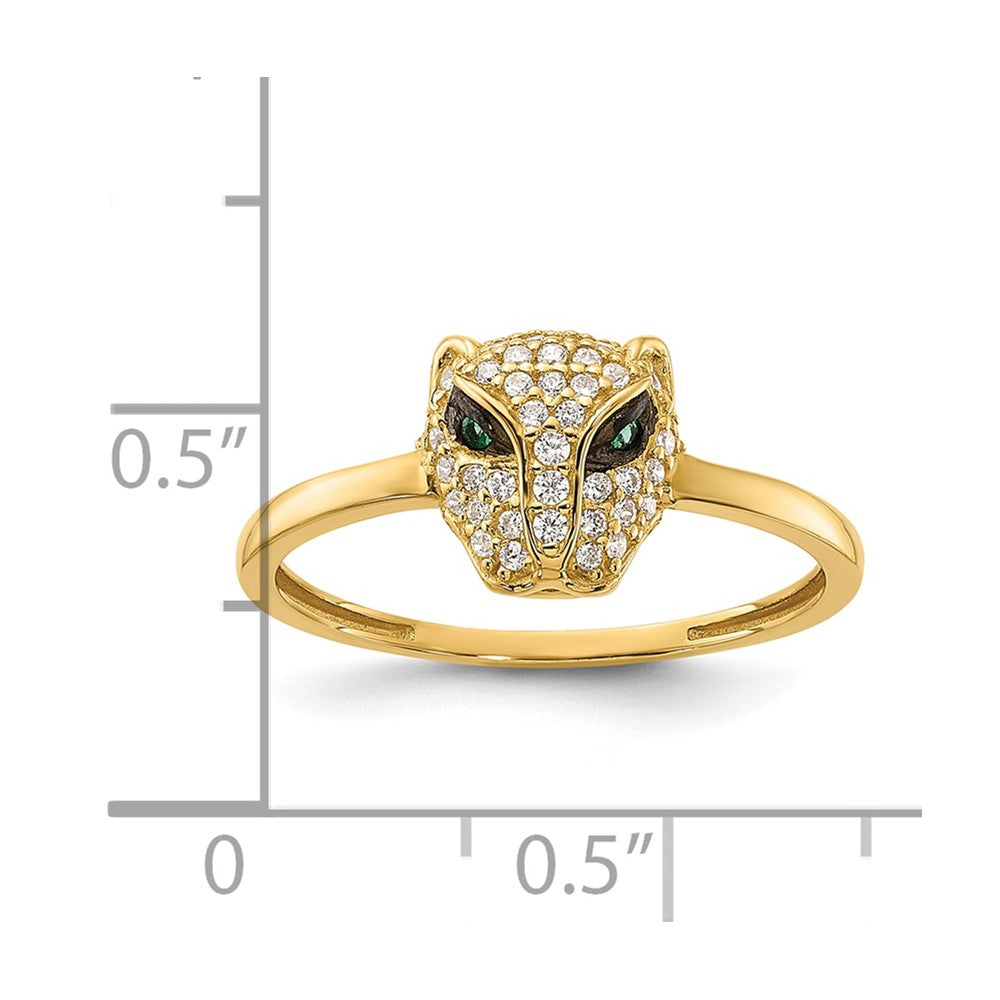 10K Polished Clear and Green CZ Lioness Head Ring