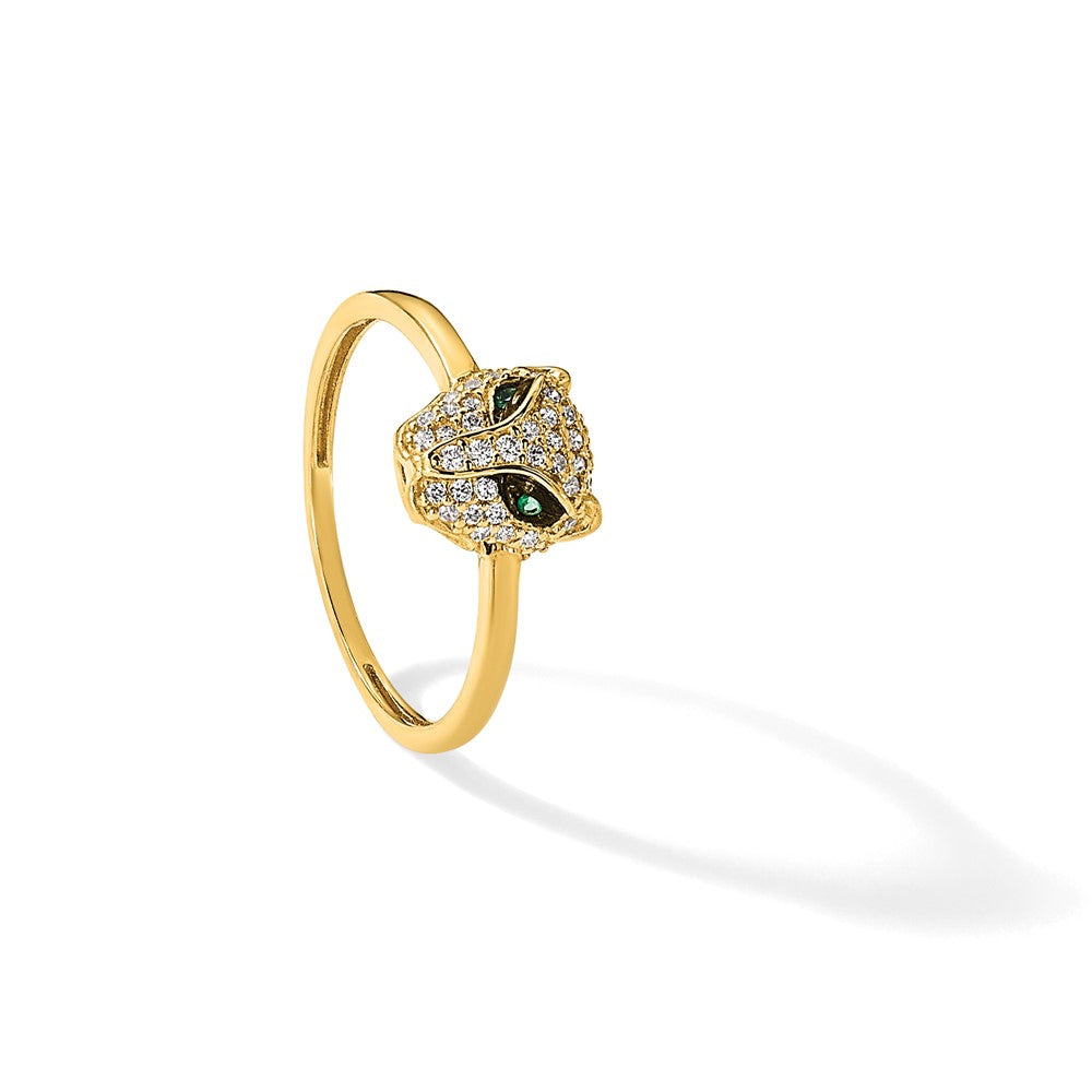 10K Polished Clear and Green CZ Lioness Head Ring