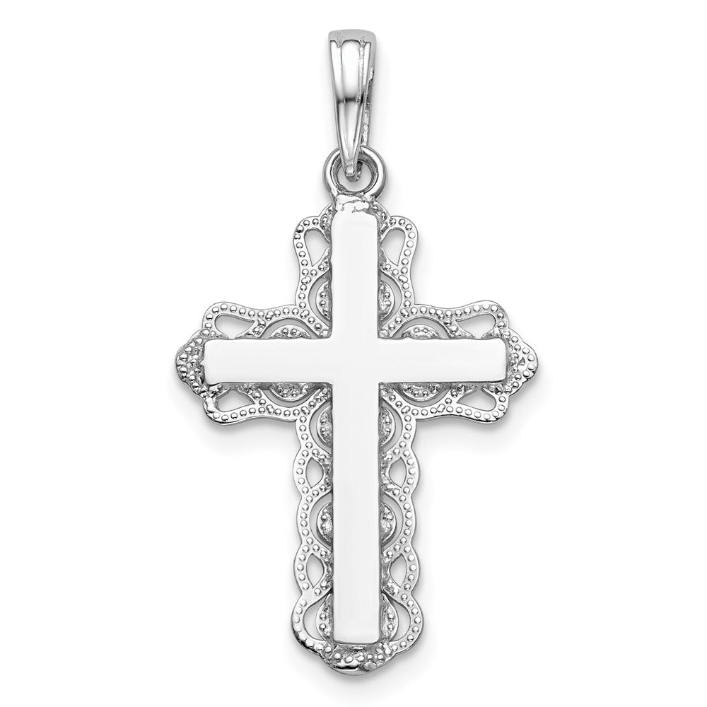 10k White Gold Lace Trim Cross Pendant