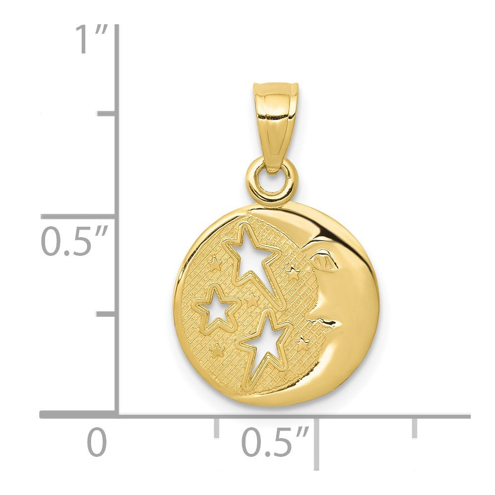 10k Polished Flat-Backed Moon with Three Stars Pendant