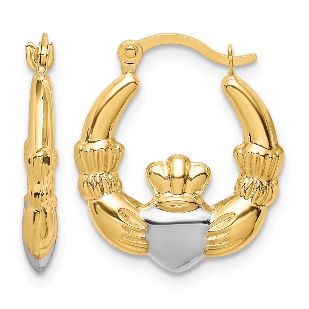 10K & Rhodium Claddagh Hollow Hoop Earrings