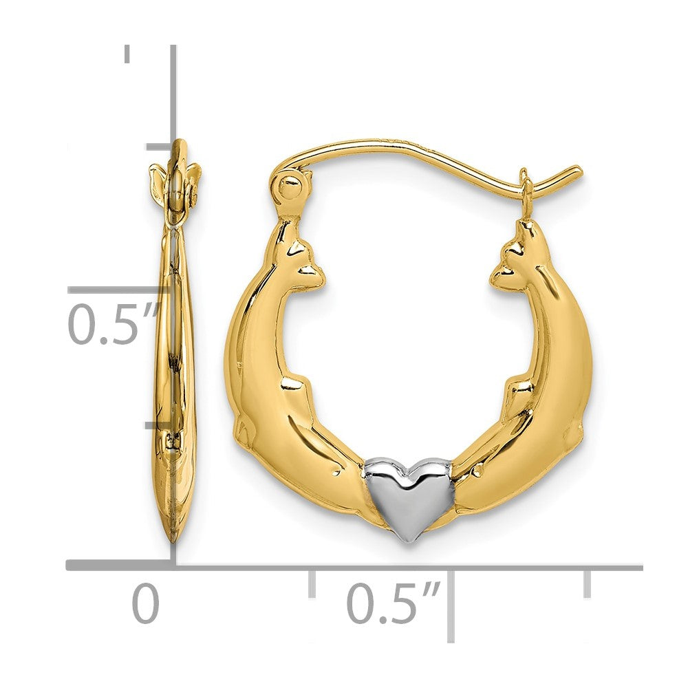 10K and Rhodium Dolphin Heart Hollow Hoop Earrings