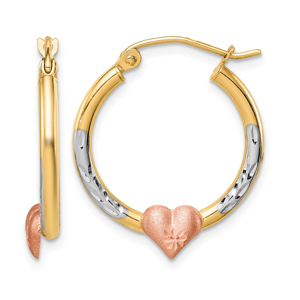 10k Two-tone & White Rhodium D/C Heart Hoop Earrings