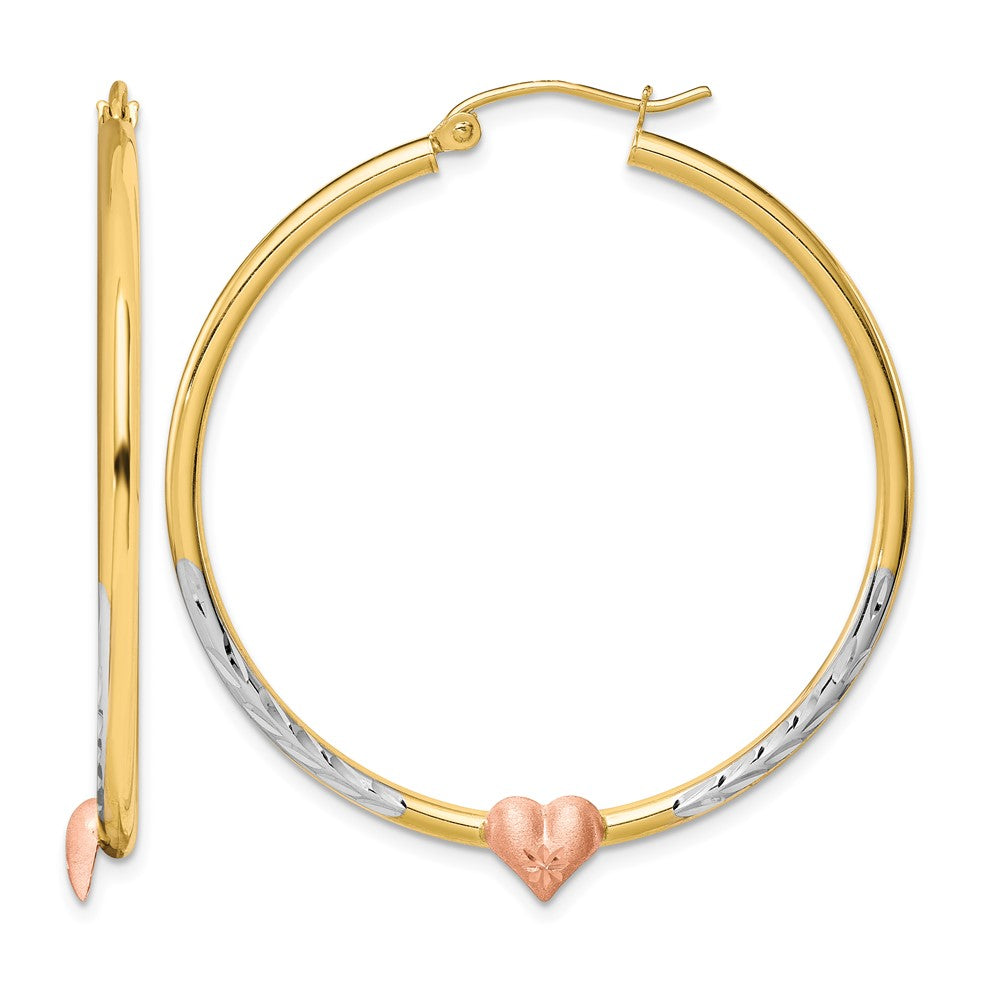 10k Two-tone & White Rhodium D/C Heart Hoop Earrings