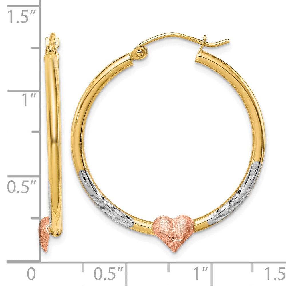 10k Two-tone and White Rhodium Diamond Cut Heart Hoop Earrings