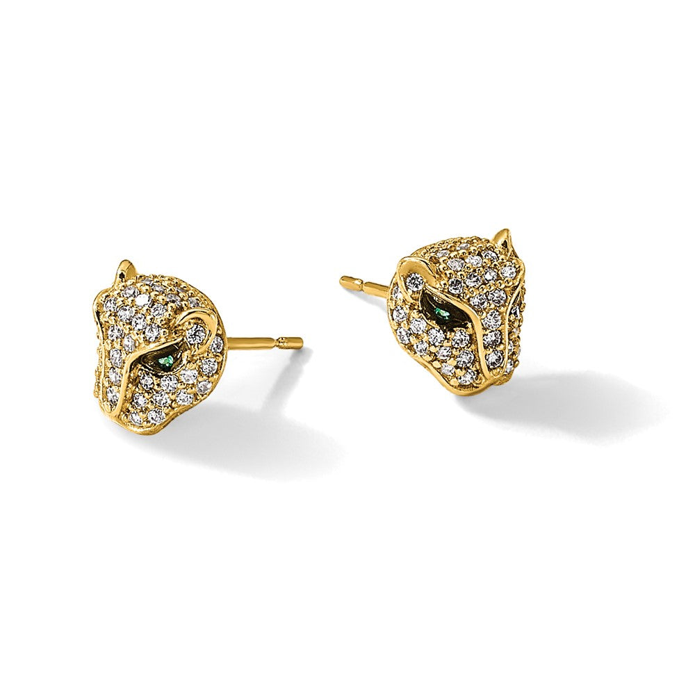 10K Polished Clear & Green CZ Lioness Head Post Earrings