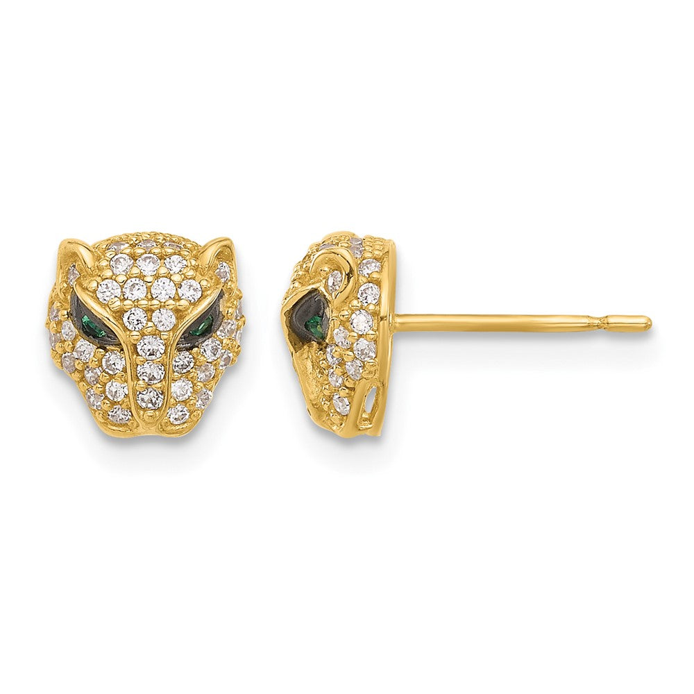 10K Polished Clear & Green CZ Lioness Head Post Earrings