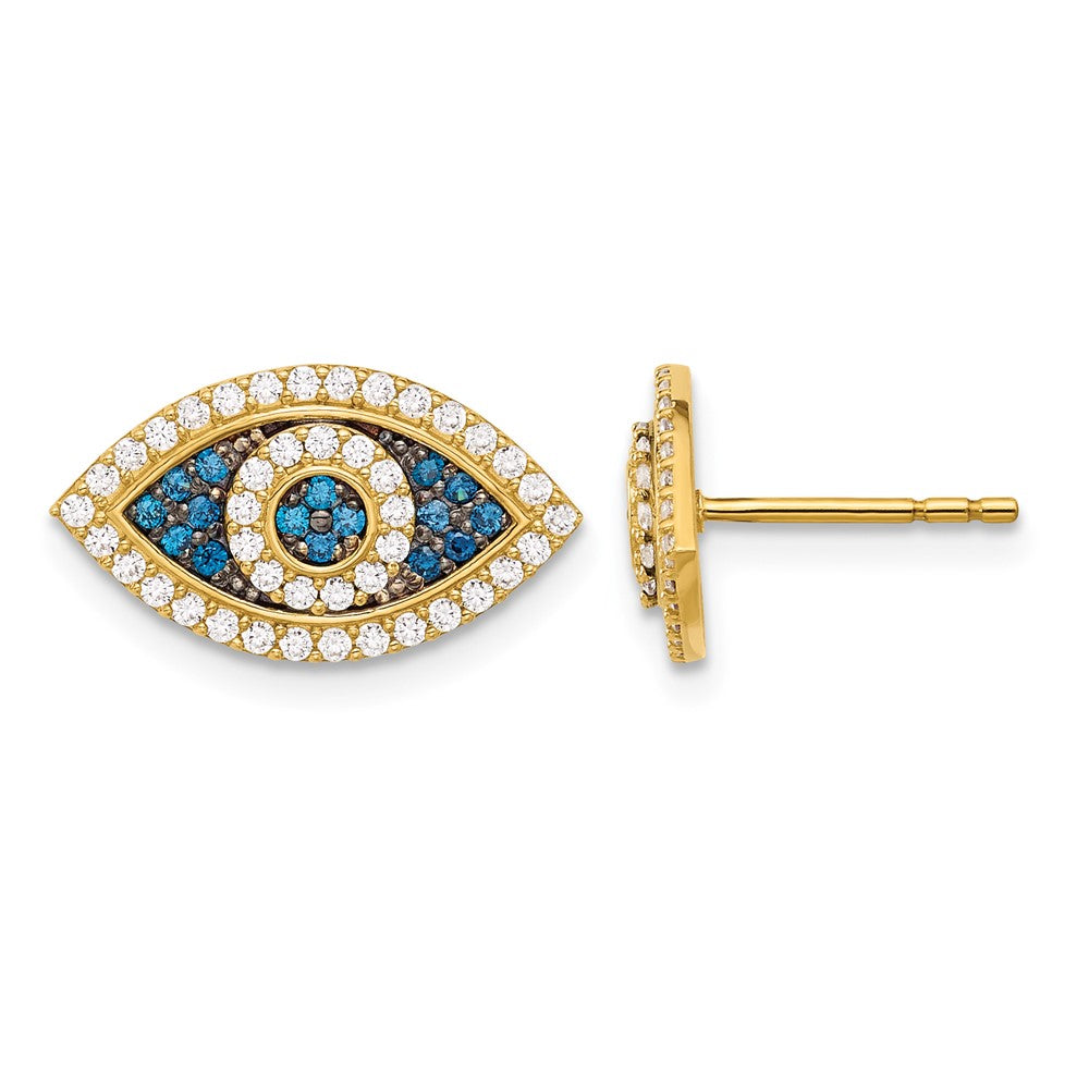 10K Polished Blue & Clear CZ Evil Eye Post Earrings