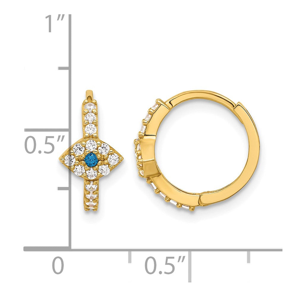 10K Polished Clear & Blue CZ Evil Eye Hinged Hoop Earrings