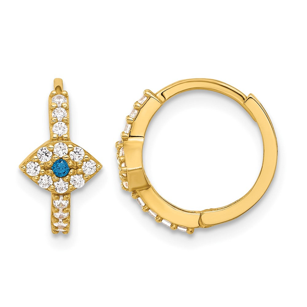 10K Polished Clear & Blue CZ Evil Eye Hinged Hoop Earrings