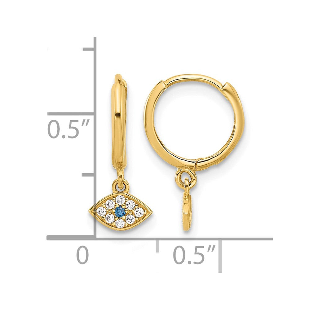 10K Polished Clear & Blue CZ Dangle Evil Eye Hinged Hoop Earrings