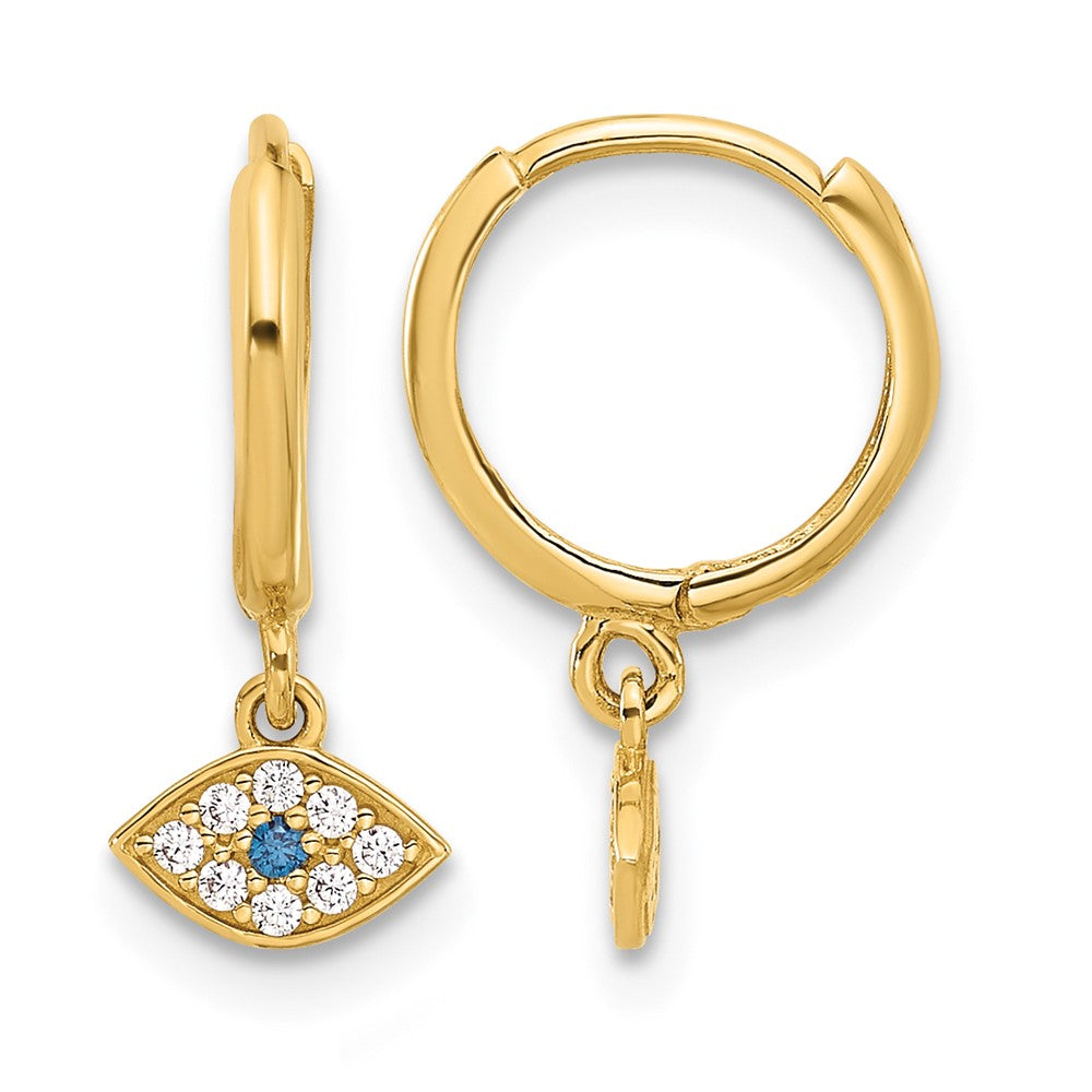 10K Polished Clear & Blue CZ Dangle Evil Eye Hinged Hoop Earrings
