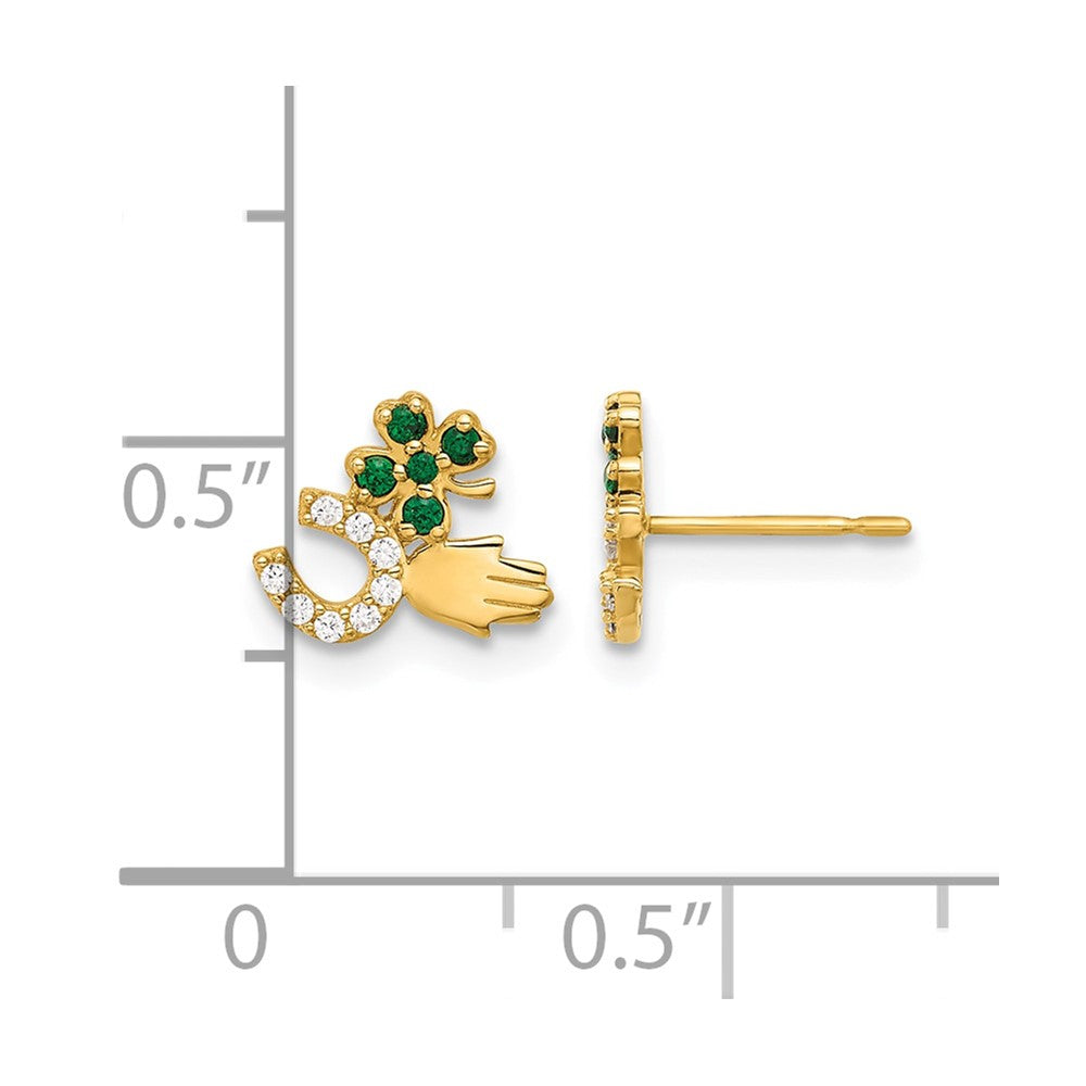 10K Polished Green & Clear CZ Good Luck Post Earrings