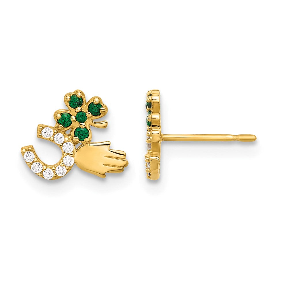 10K Polished Green & Clear CZ Good Luck Post Earrings