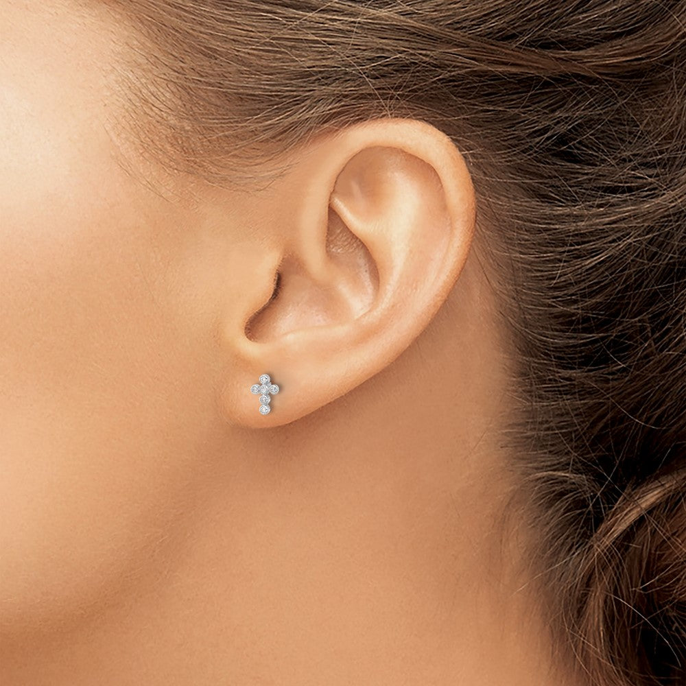 10K White Polished CZ Cross Post Earrings