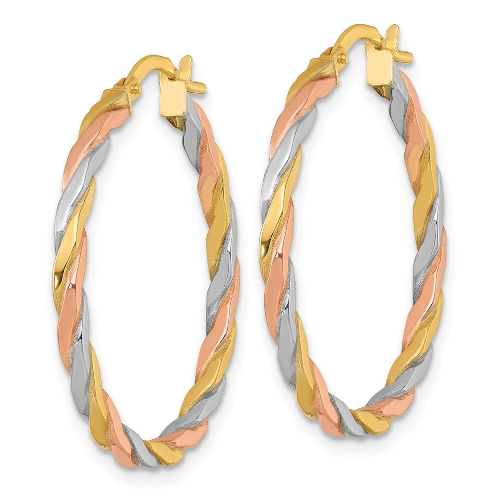 10K w/Rose and White Rhodium Polished Twisted Hoop Earrings