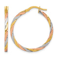 10K w/Rose and White Rhodium Polished Twisted Hoop Earrings