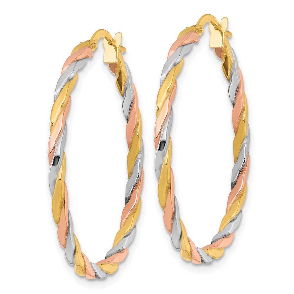 10K w/Rose and White Rhodium Polished Twisted Hoop Earrings
