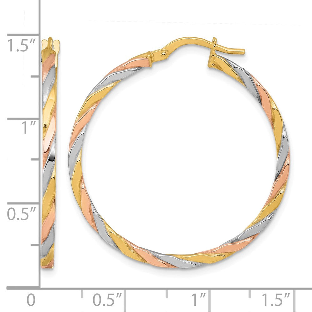 10K w/Rose and White Rhodium Polished Twisted Hoop Earrings