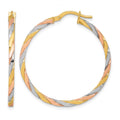 10K w/Rose and White Rhodium Polished Twisted Hoop Earrings